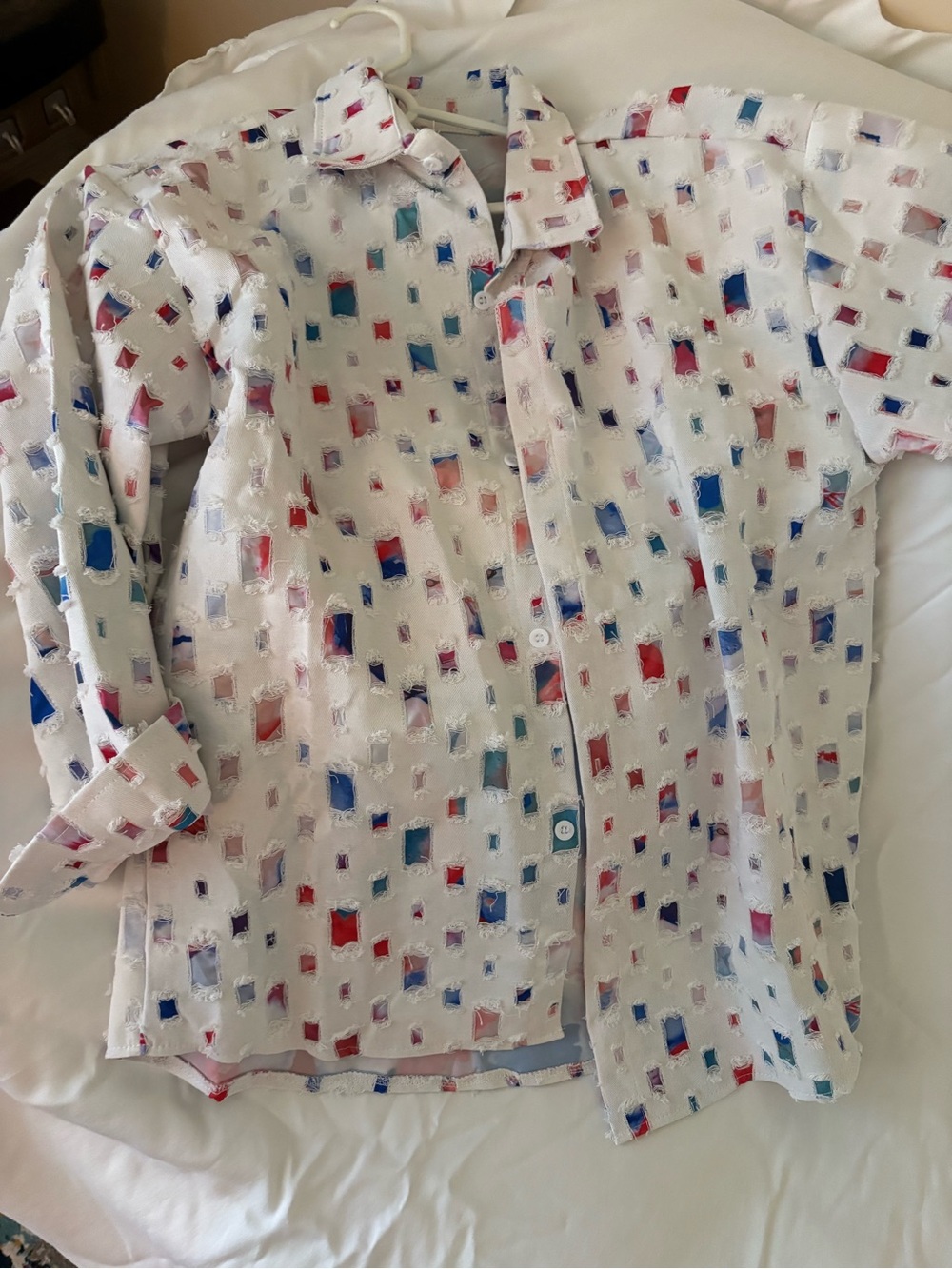 White Button-Up Blouse with Multicolor Rectangle Print